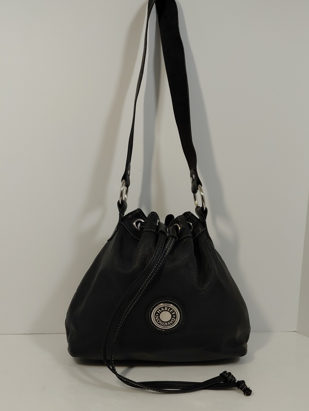 Vtg. Black Pebbled Leather Harley Davidson Drawstring Shoulder Bag 10"×12"×4"